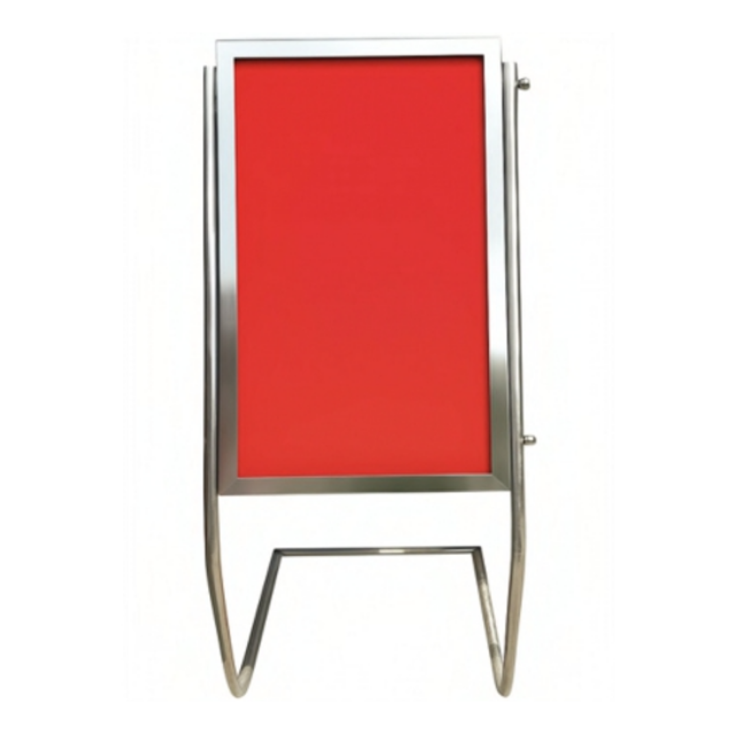 Freestanding metal display stand with a rectangular red poster panel.