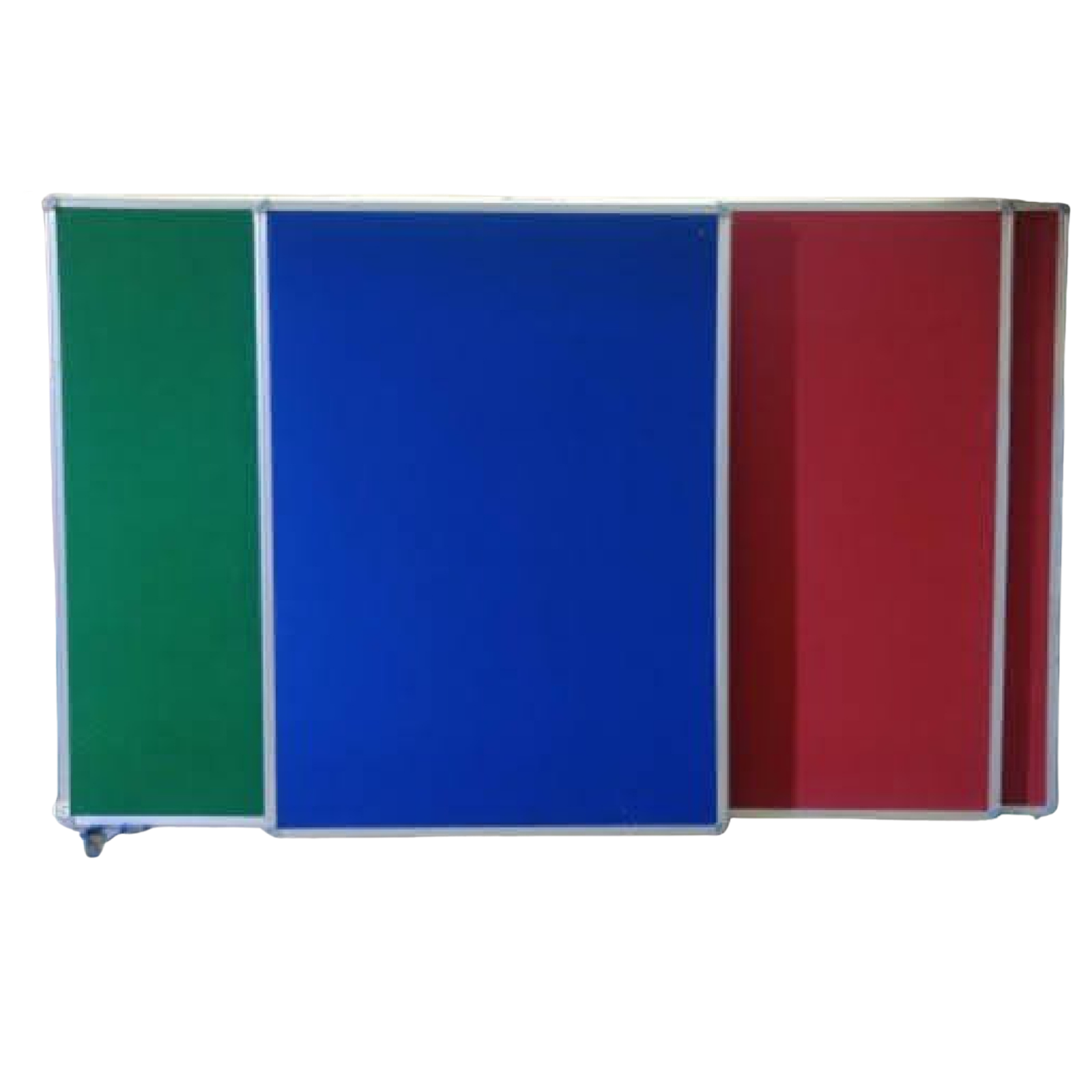 Three-panel sliding fabric notice board with green, blue, and red pin-up panels in aluminium frames for organized office, school, and institutional displays.