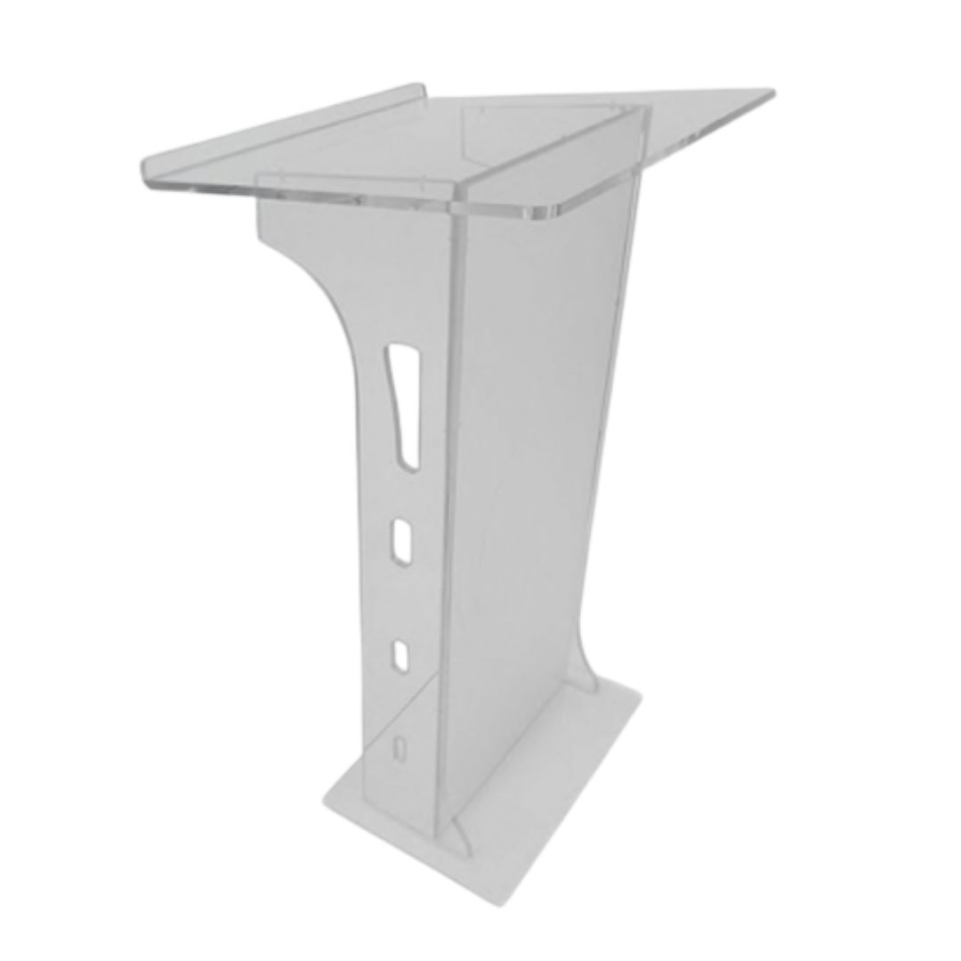 Clear acrylic podium lectern with a slanted rectangular top and sturdy vertical support.