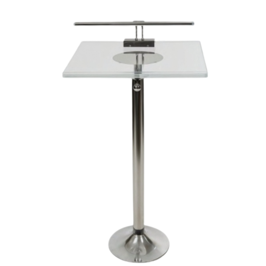 Modern glass-top podium table with a chrome pedestal base and circular foot.