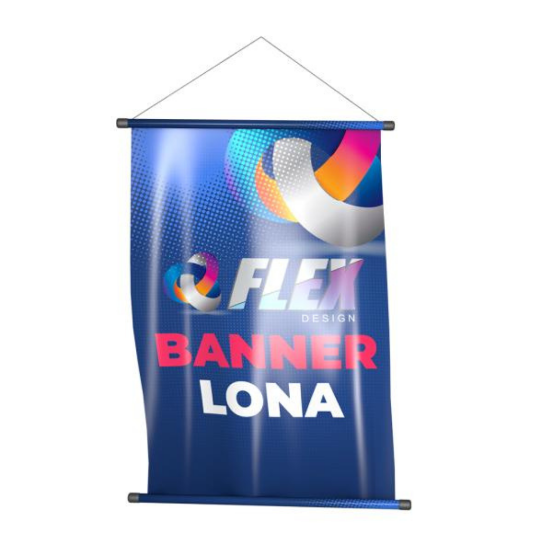 Professional roll-up banner with blue background, colorful abstract graphics, and bold text