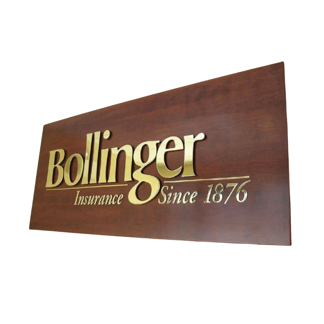 Dark walnut-finish rectangular signage board featuring elegant raised gold lettering reading “Bollinger Insurance Since 1876.”