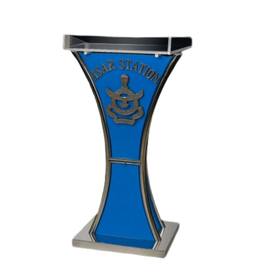 Blue and silver podium with ASAR Station text and emblem