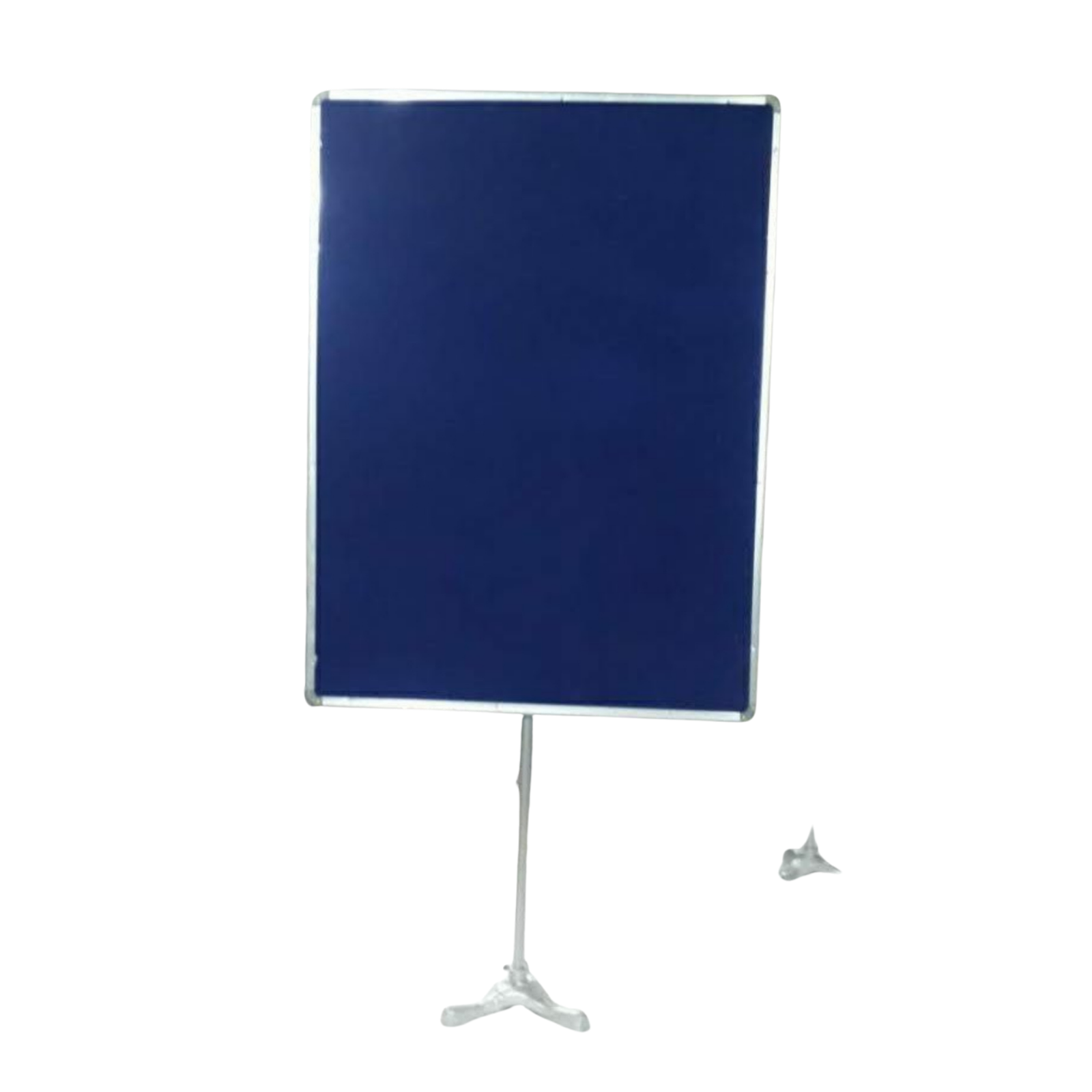 Blue floor standing fabric notice board with aluminium frame and metal pedestal stand for displaying notices, announcements, and information in offices and institutions.