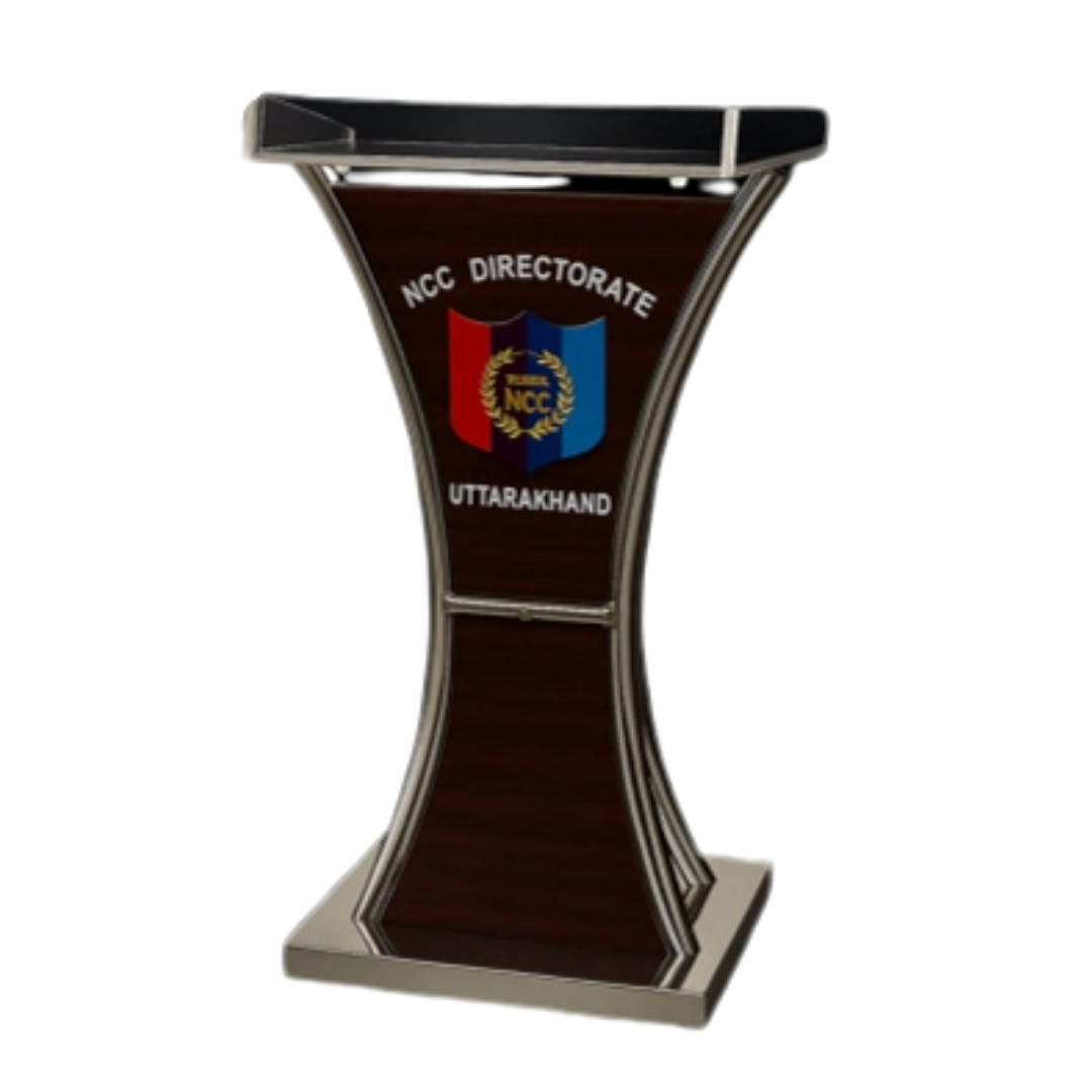 Dark wood-finish podium with NCC Directorate Uttarakhand logo