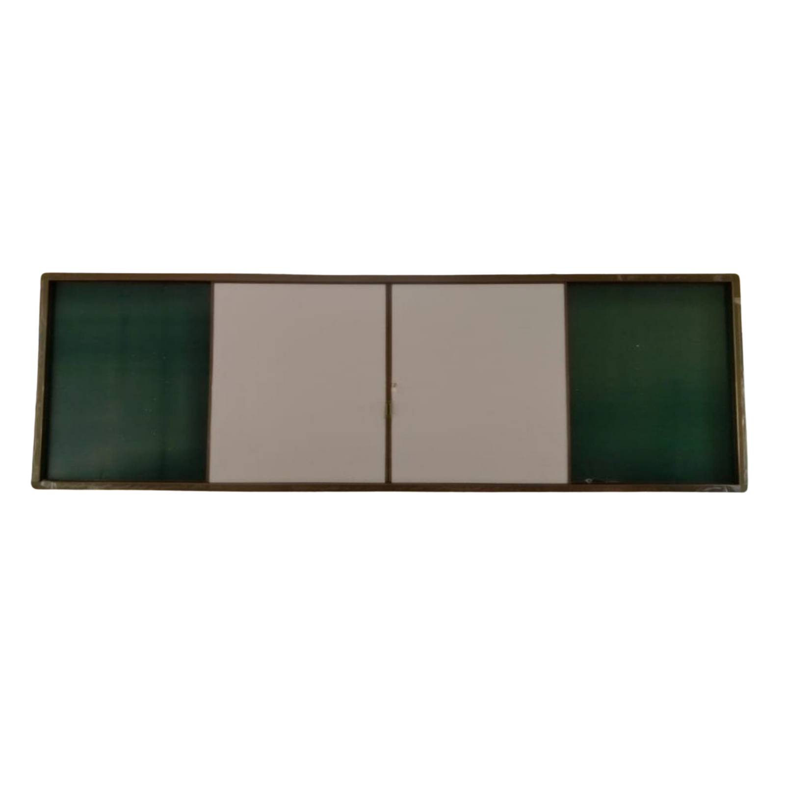 Combination sliding notice board featuring green fabric pin-up panels and central whiteboard sliding doors within a durable aluminium frame for offices and educational institutions.