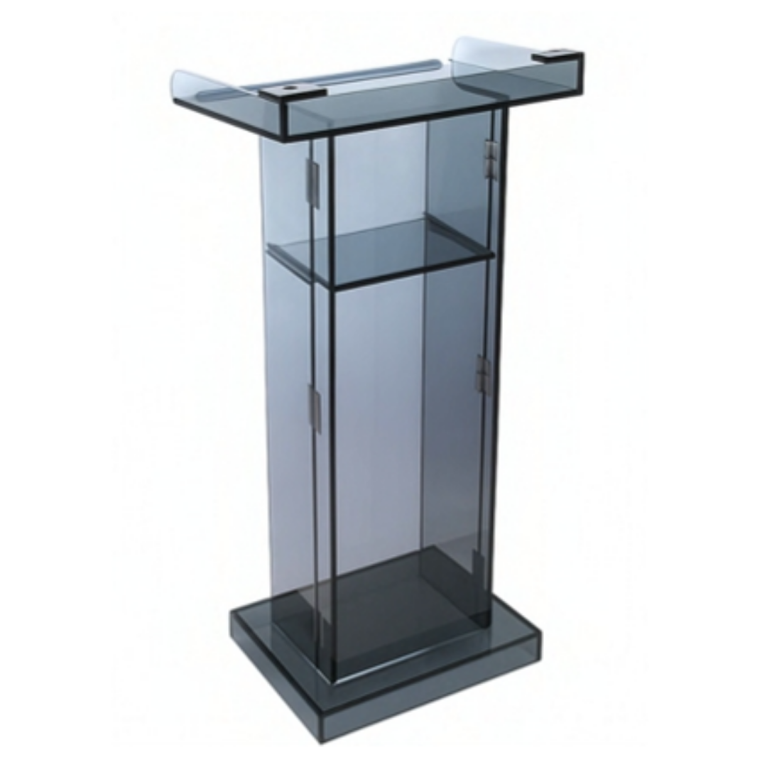 Transparent glass podium with black frame and enclosed storage cabinet