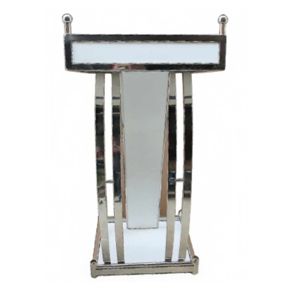 Modern stainless steel podium with rectangular display panel and reflective frame
