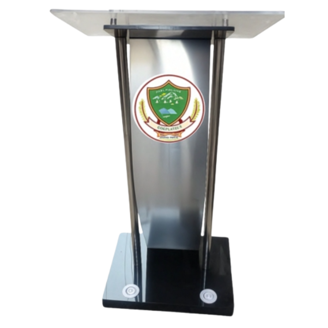 Stainless steel podium with glass top and institutional emblem