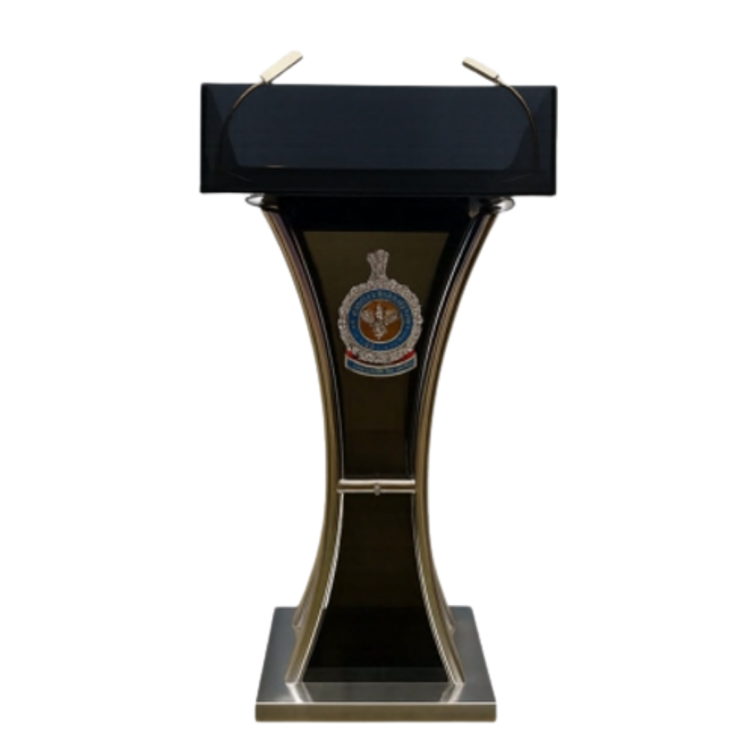 lack and gold executive podium with customized emblem and wide presentation top