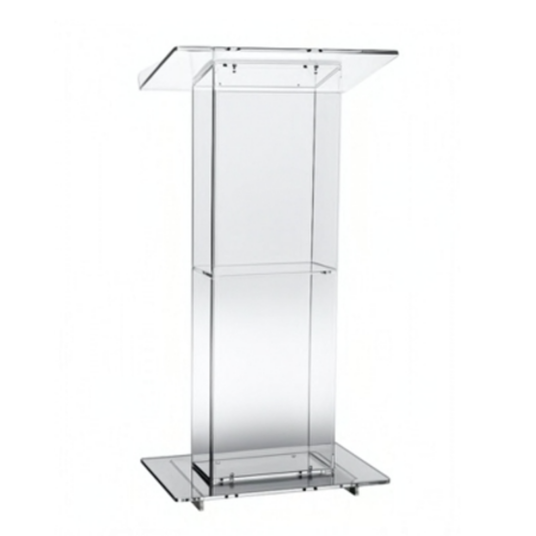 Transparent acrylic podium stand with wide clear top and sturdy base