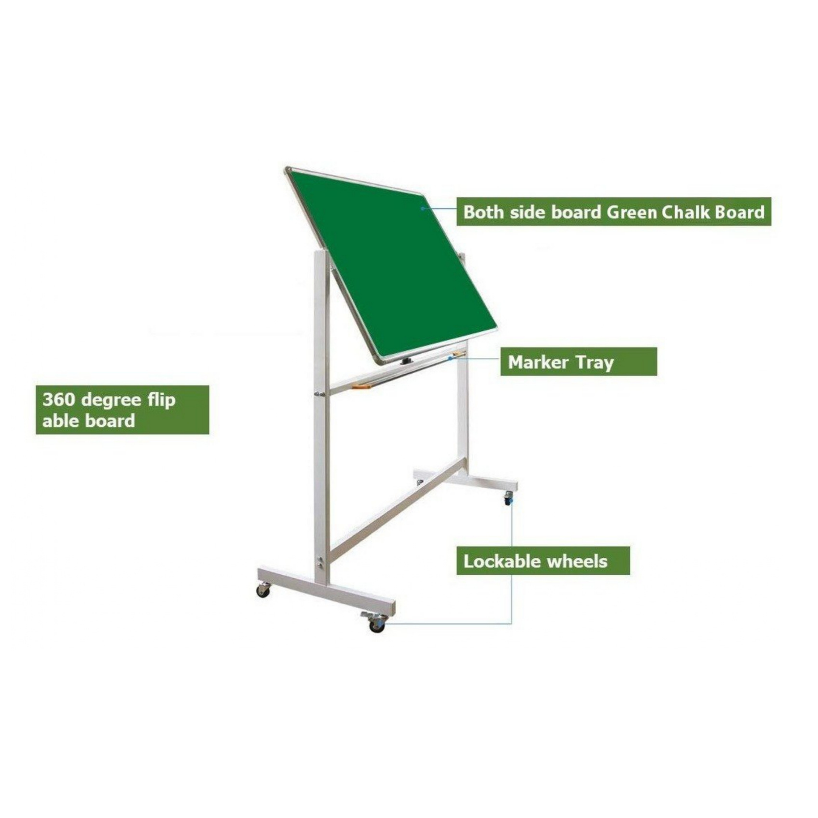Double-sided mobile green chalkboard with a rotating 360-degree flip board, marker tray, and lockable wheels for classrooms, training centers, and offices by Elite Writing & Display.