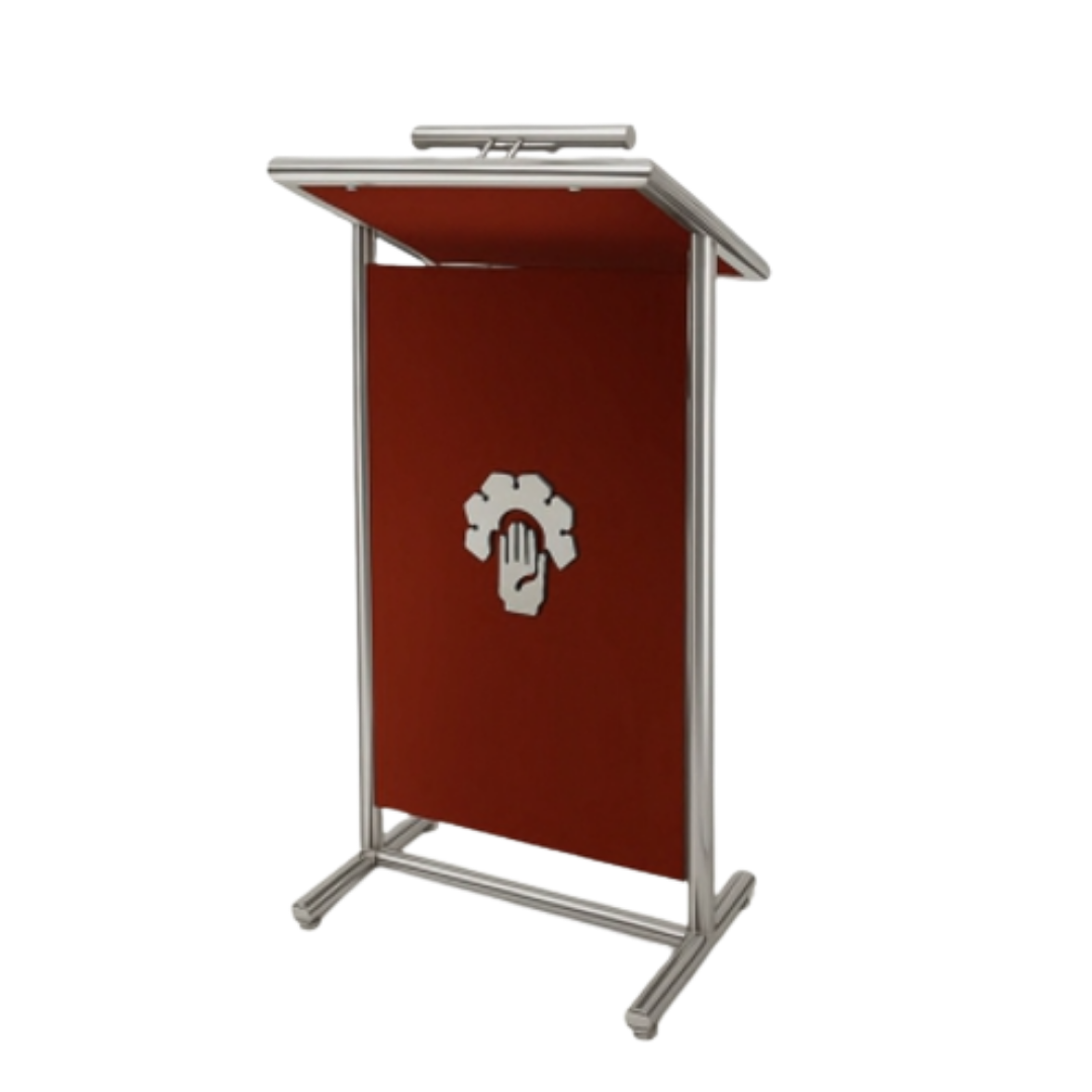 Red presentation podium with stainless steel frame and overhead reading light