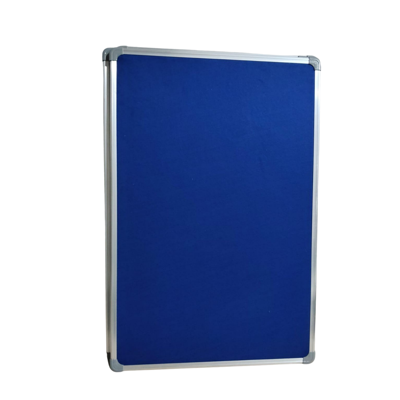 Blue fabric notice board with anodized aluminium frame and rounded corner caps for displaying notices, announcements, documents, and memos in offices, schools, and institutions.