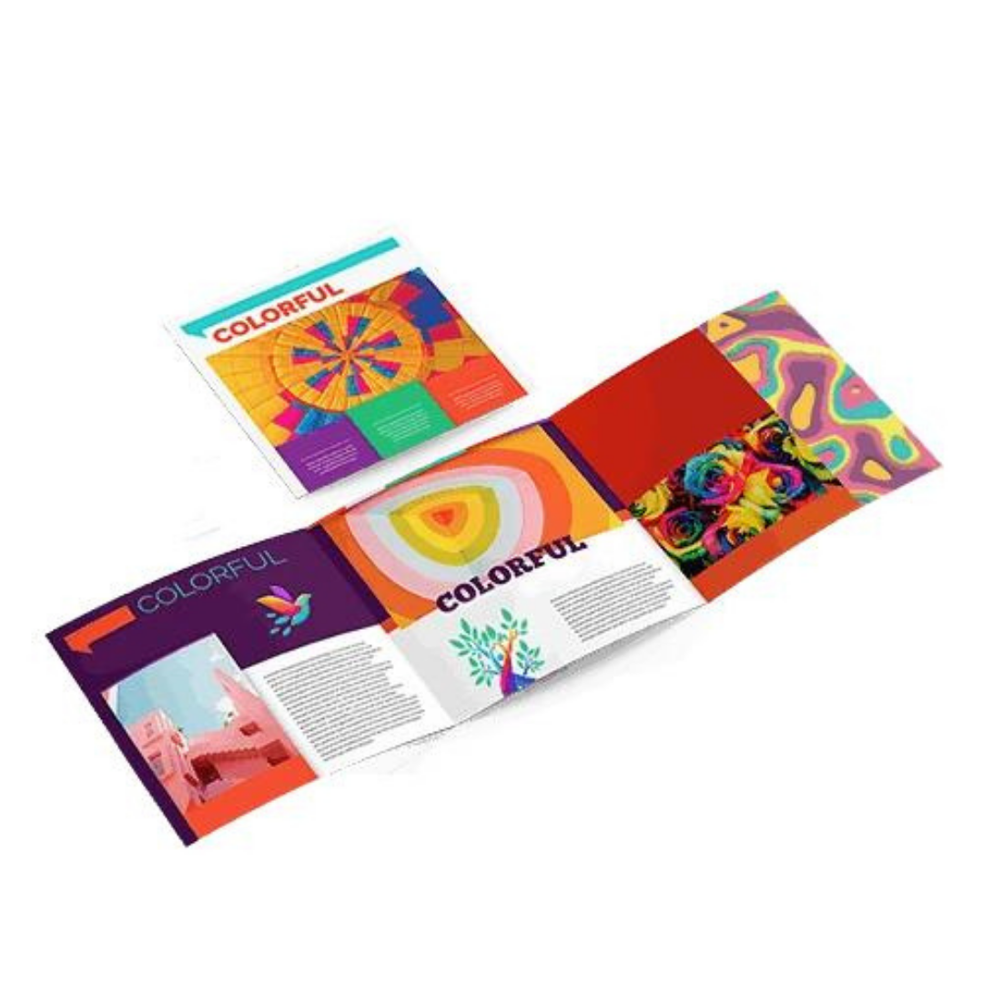 Colorful tri-fold brochure featuring abstract artwork, photos, text, and vibrant graphic design