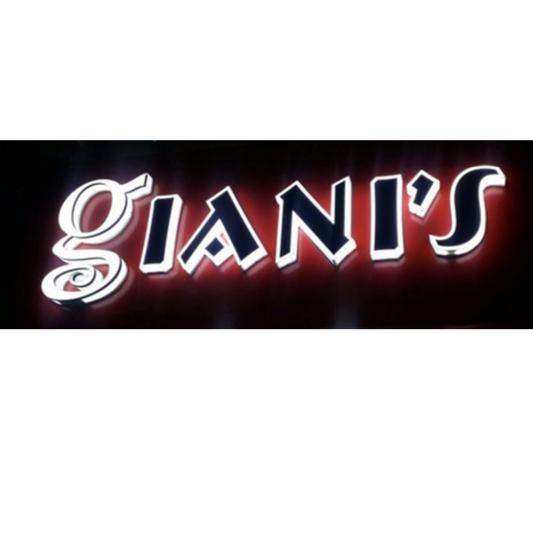 Large illuminated 3D lettering spelling “GIANI’S” in dark blue with bright white edges against a dark background with a red glow.