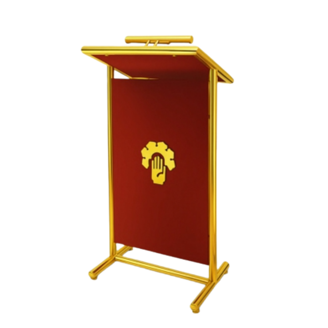 Red presentation podium with gold frame and integrated reading light