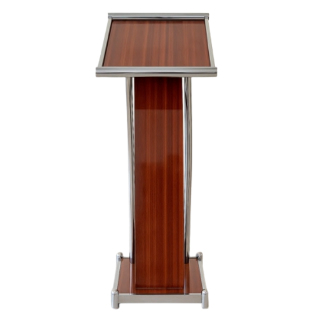 Wooden presentation podium with stainless steel frame and angled reading surface