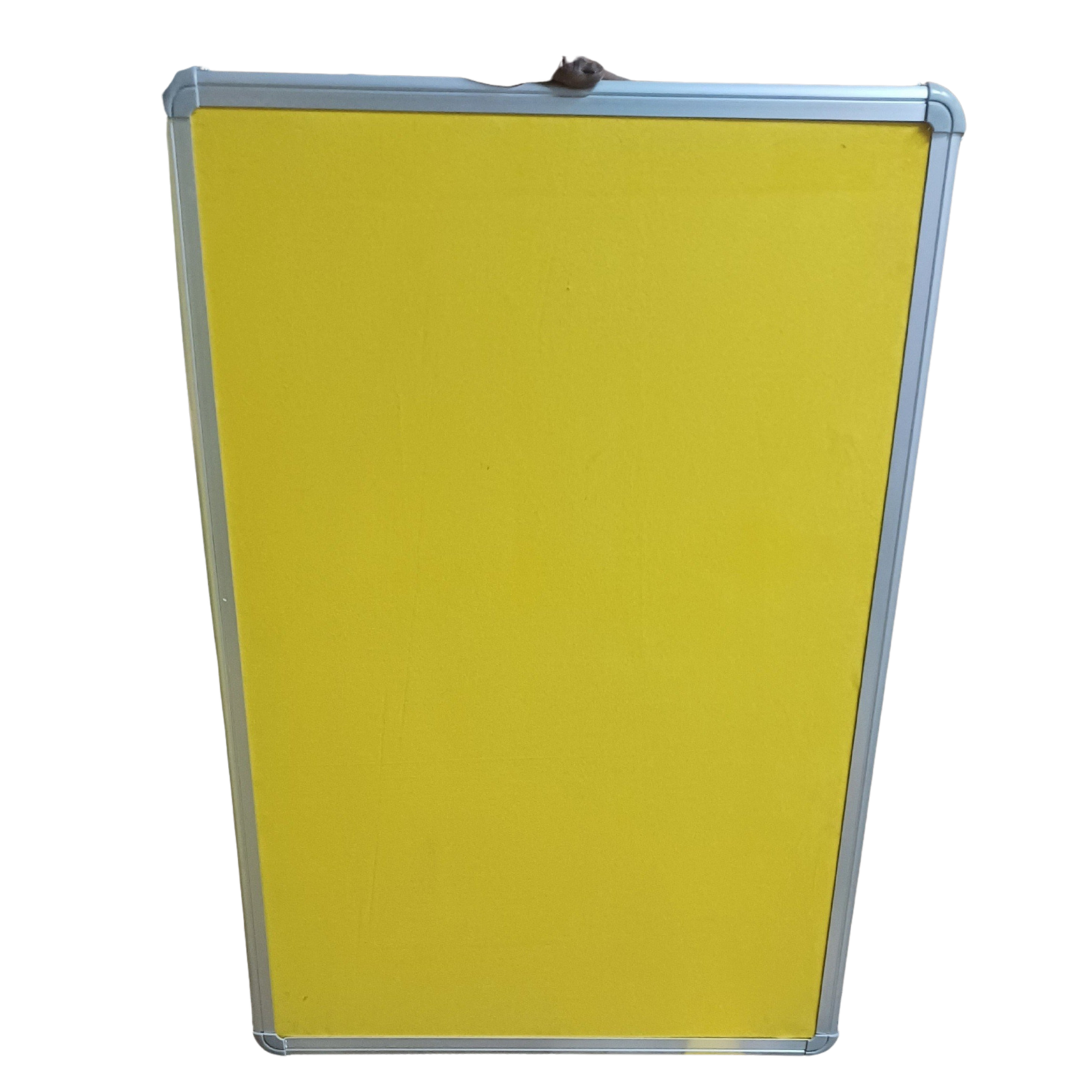 Yellow fabric notice board with a silver aluminium frame in portrait orientation for office, school, classroom, and commercial wall display use by Elite Writing & Display.