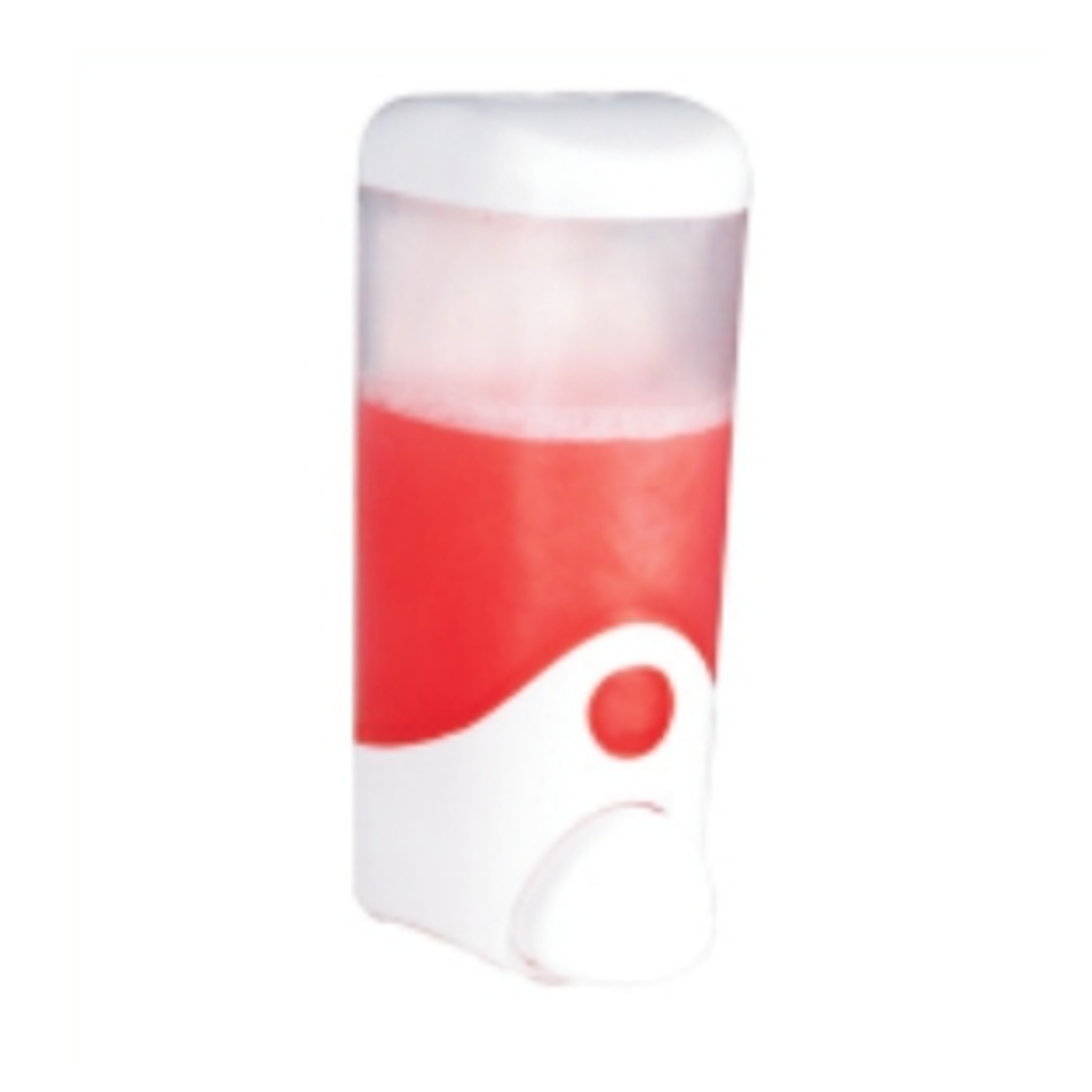 White manual liquid soap dispenser with red soap chamber and push button