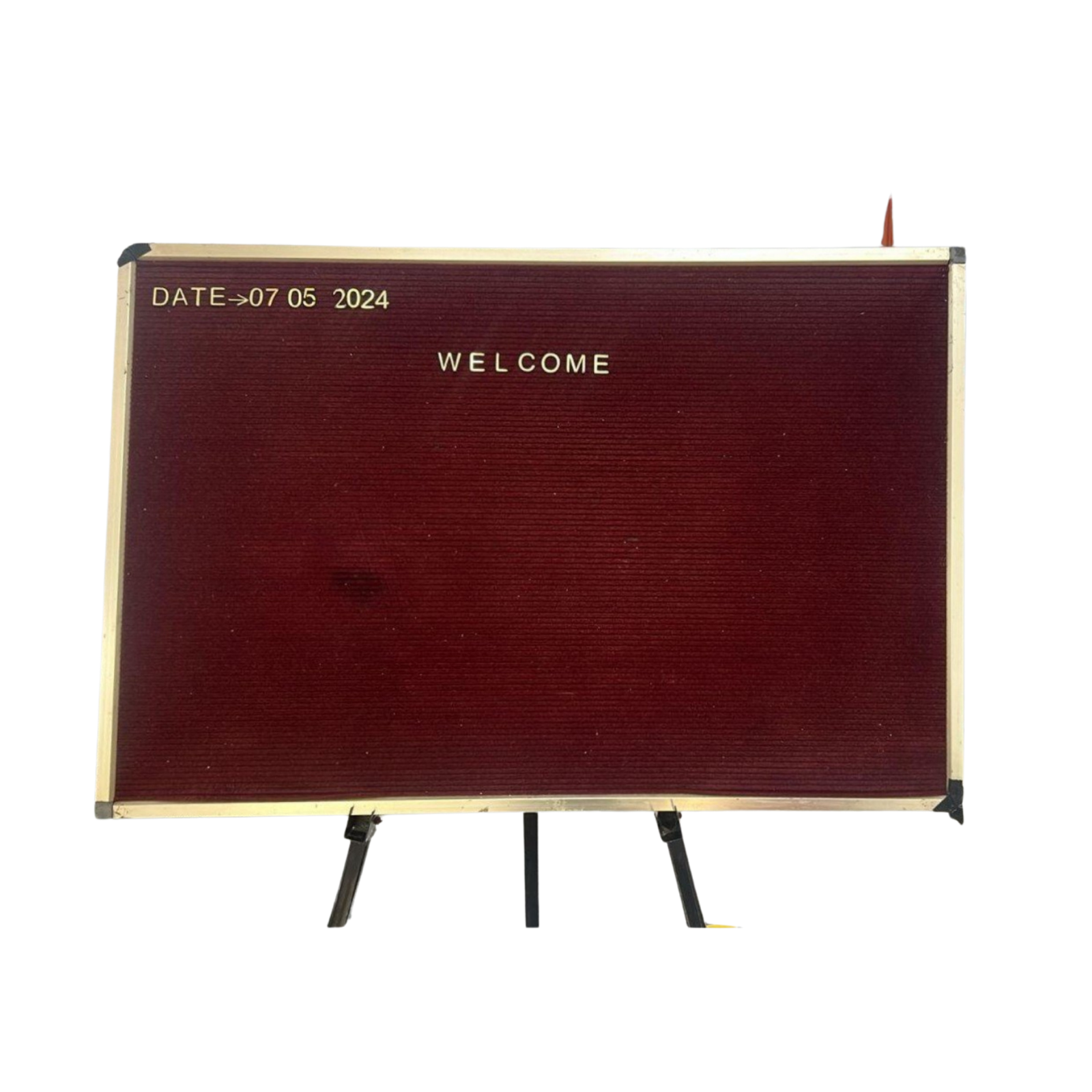 Red felt letter board with anodized aluminium frame displaying "WELCOME" using interchangeable letters, ideal for receptions, offices, schools, hotels, hospitals, and public information displays.