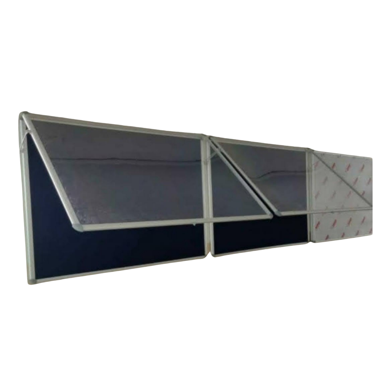 Triple door lockable fabric notice board with aluminium frame and clear acrylic hinged doors, designed for secure display of notices, announcements, and information in offices, schools, hospitals, and public spaces.