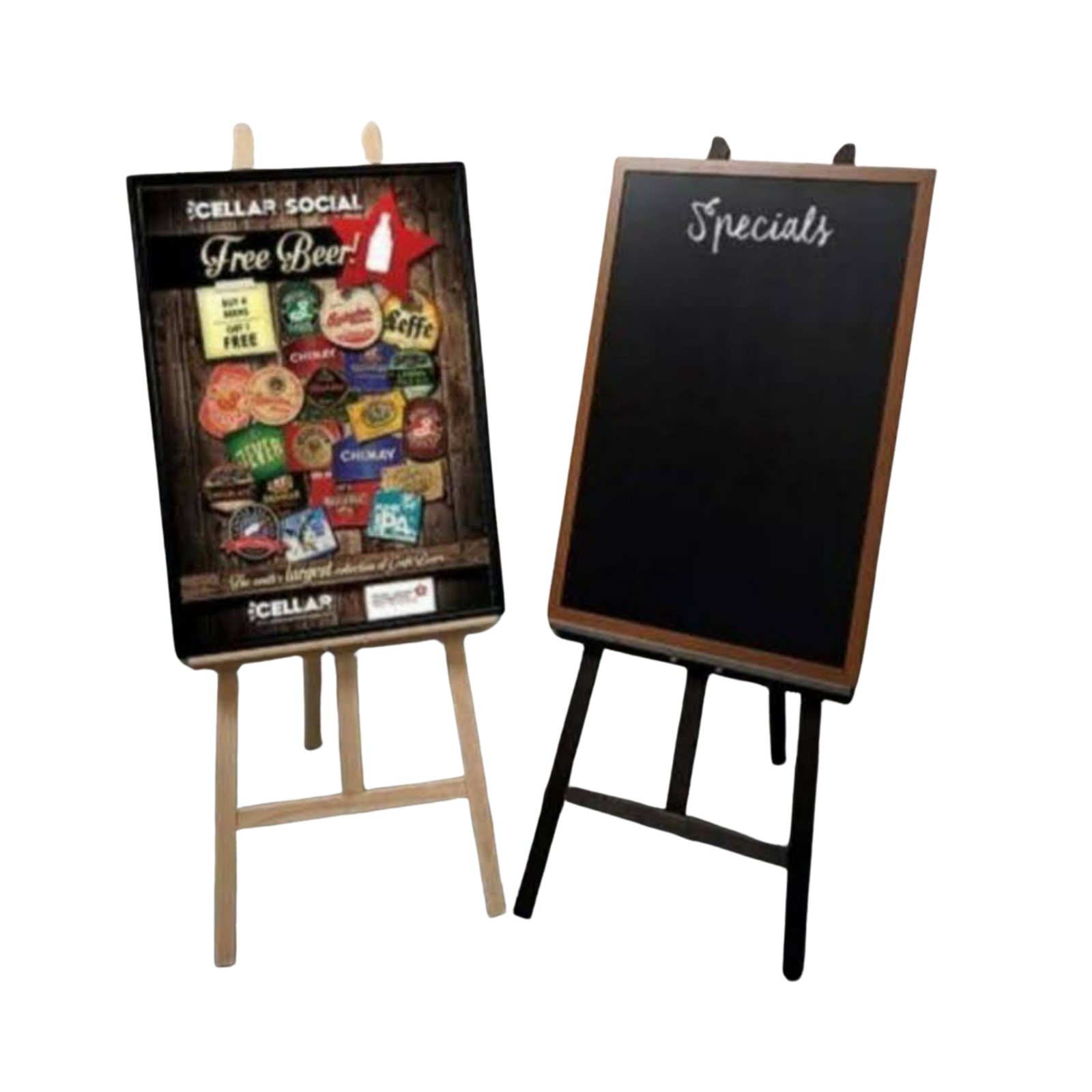 Wooden easel chalkboard display stand with black writing surface for restaurant menus, cafés, bars, hotels, retail promotions, events, and promotional signage.
