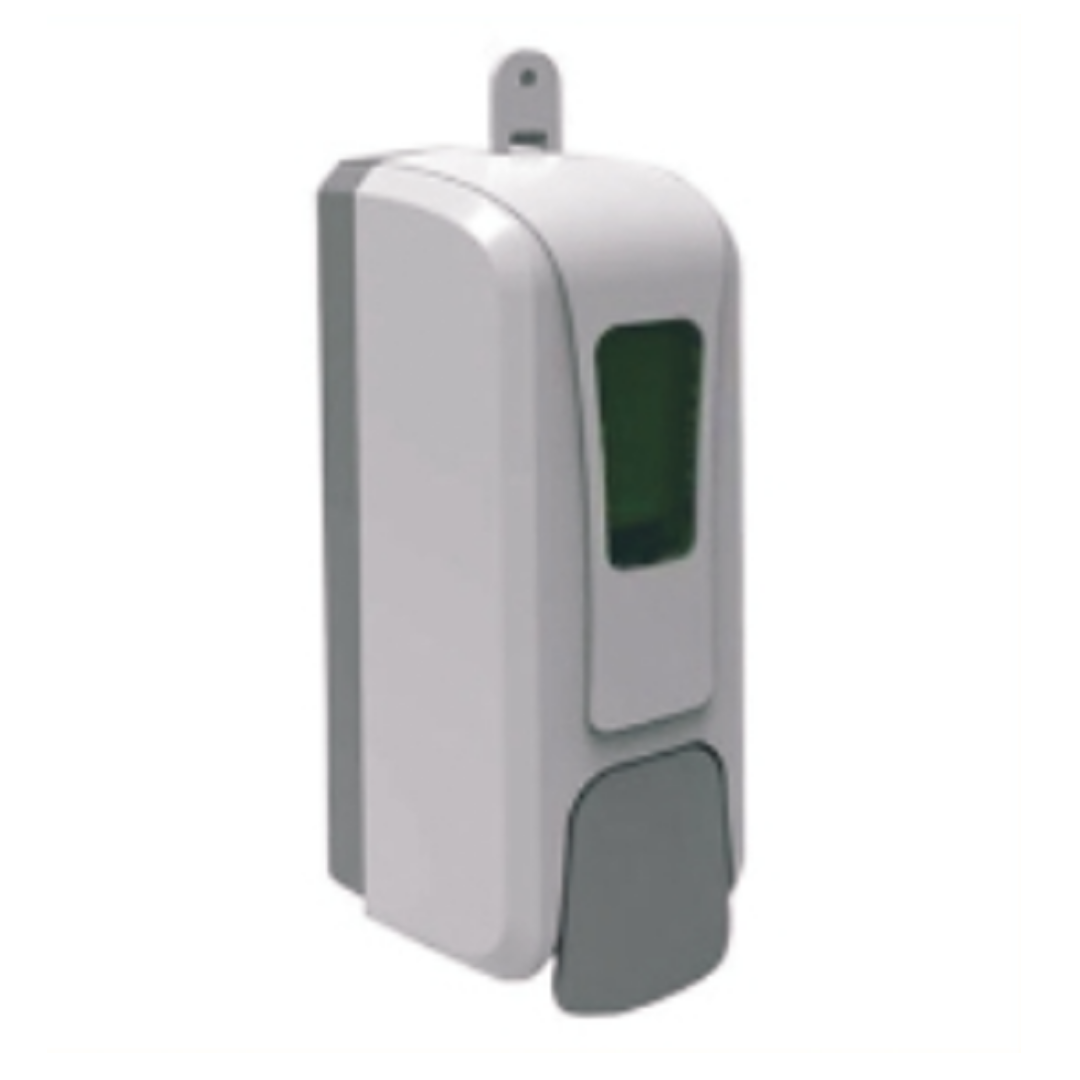 White wall mounted liquid soap dispenser with green viewing window and push button