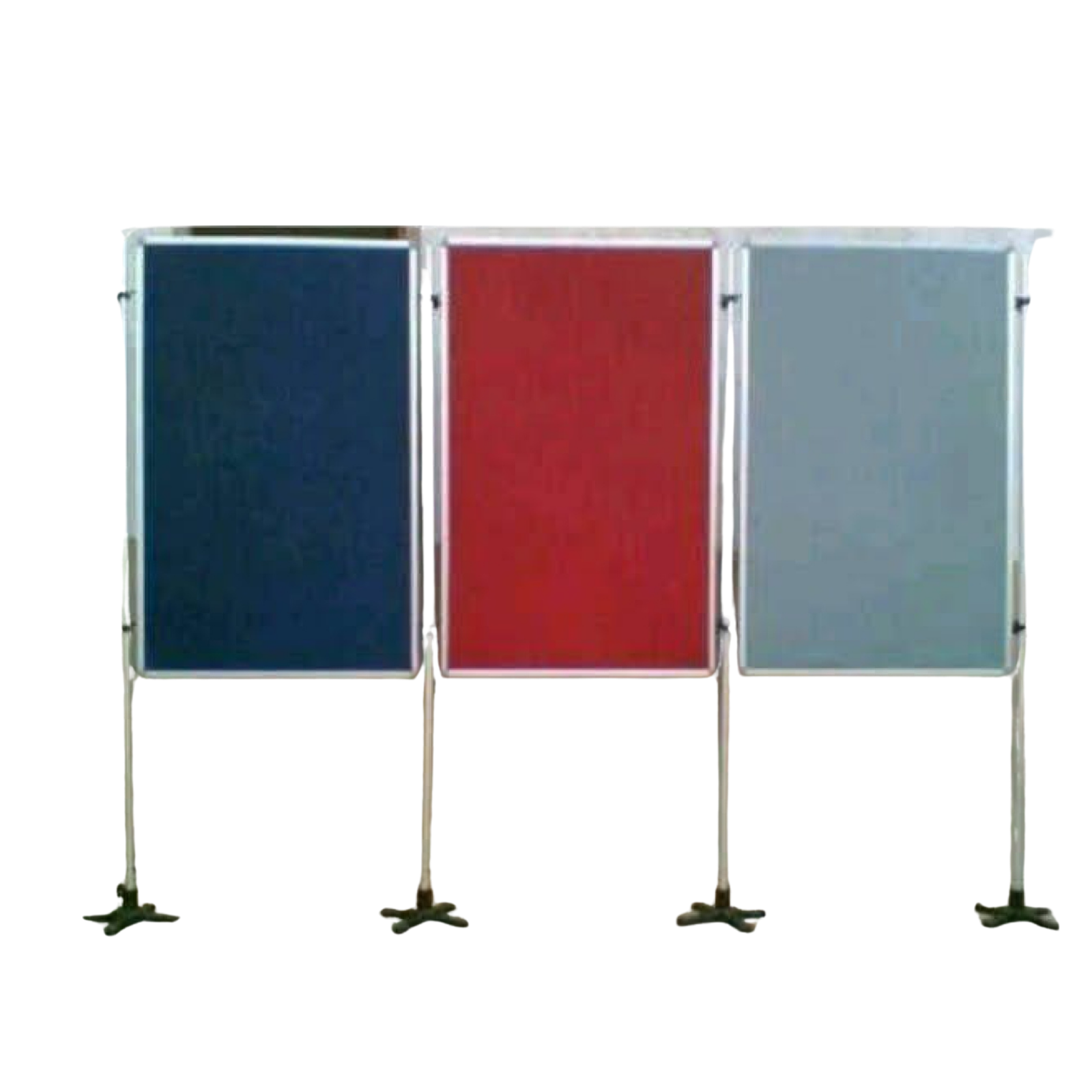 Portable folding fabric display partition board with aluminium frame and stable floor stands, available in multiple colours for exhibitions, offices, classrooms, presentations, and temporary space division.