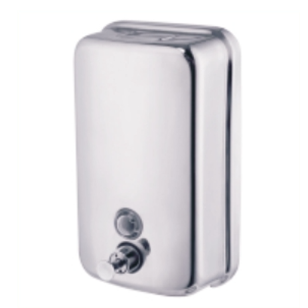White wall mounted liquid soap dispenser with green viewing window and push button