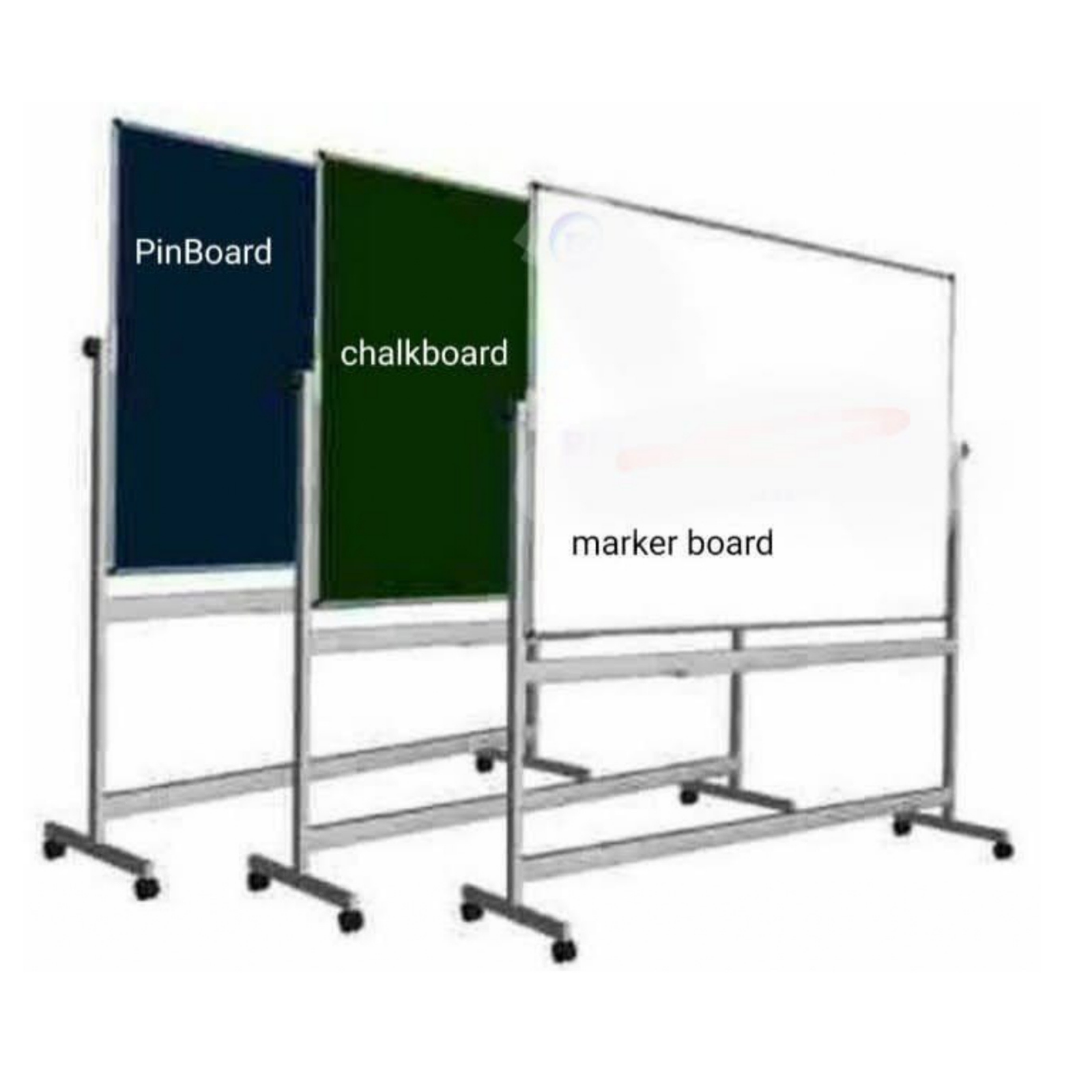 Mobile display boards with whiteboard, chalkboard, and fabric pin board surfaces mounted on wheeled aluminium stands for classrooms, offices, training centres, and presentations.
