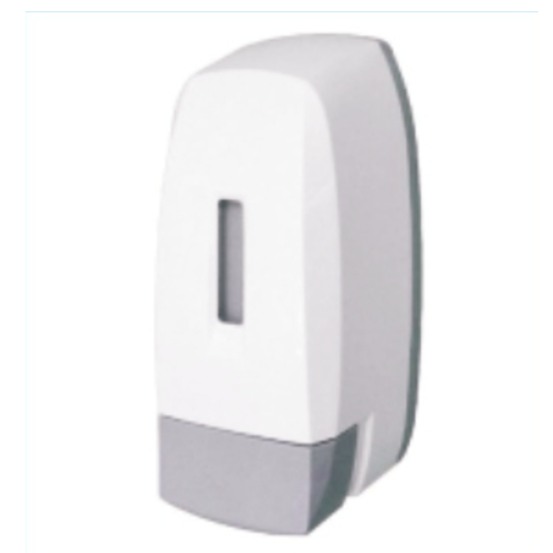 Wall-mounted white liquid soap dispenser with a visible level indicator