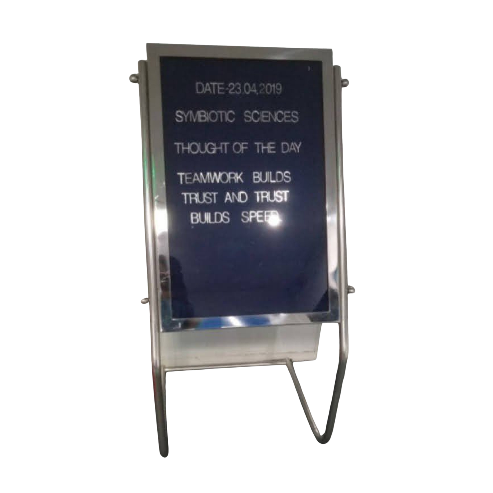 Stainless steel freestanding letter board with interchangeable white letters on a black felt grooved surface, ideal for displaying daily announcements, welcome messages, schedules, and event information.