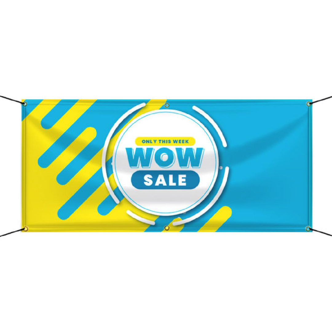 Blue and yellow WOW Sale promotional banner with bold sale text and hanging display design
