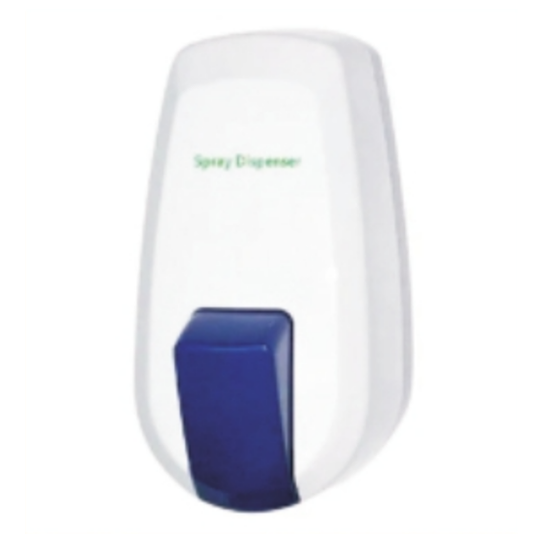 White wall-mounted soap dispenser with a blue push button