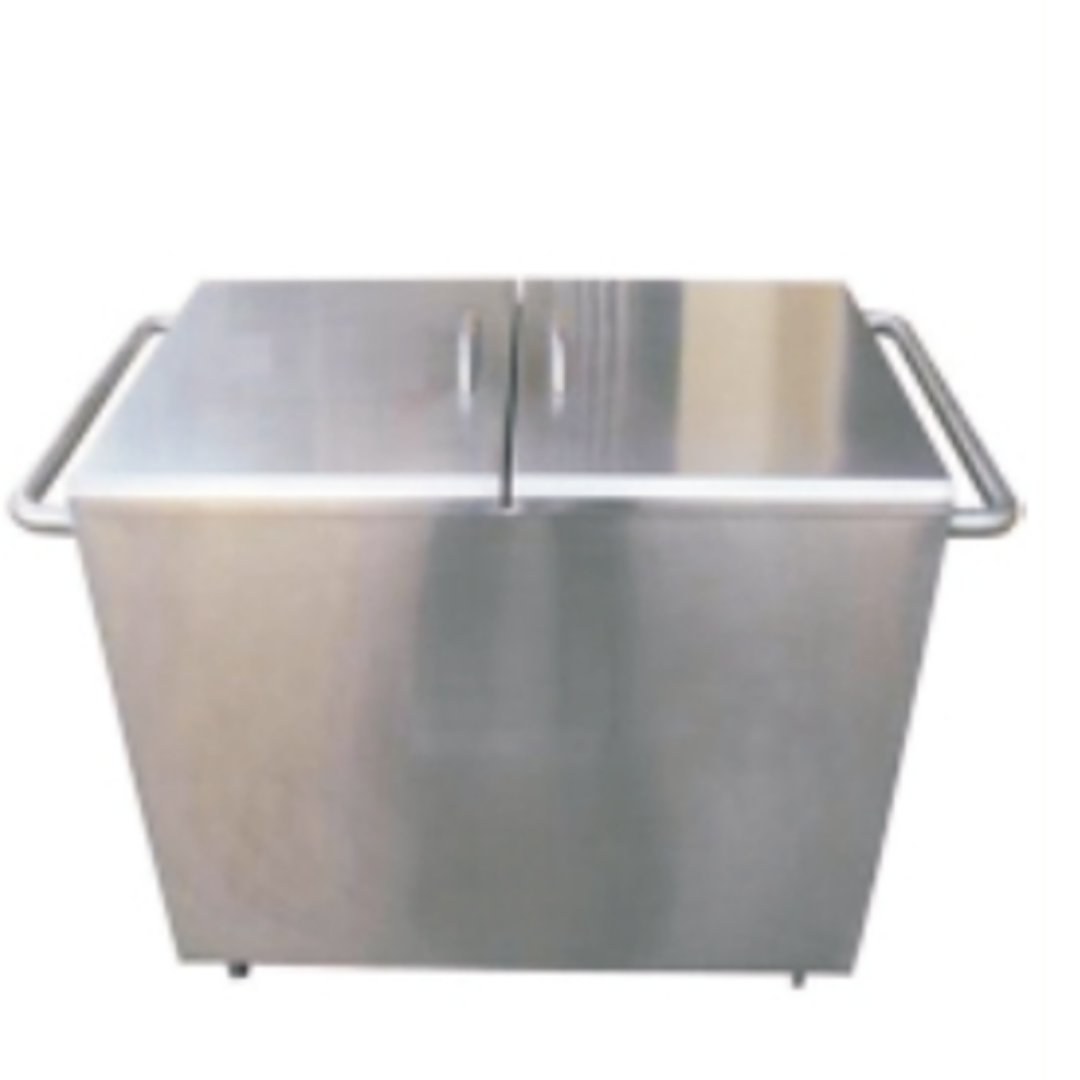 Stainless steel food serving counter with covered compartments and side handles