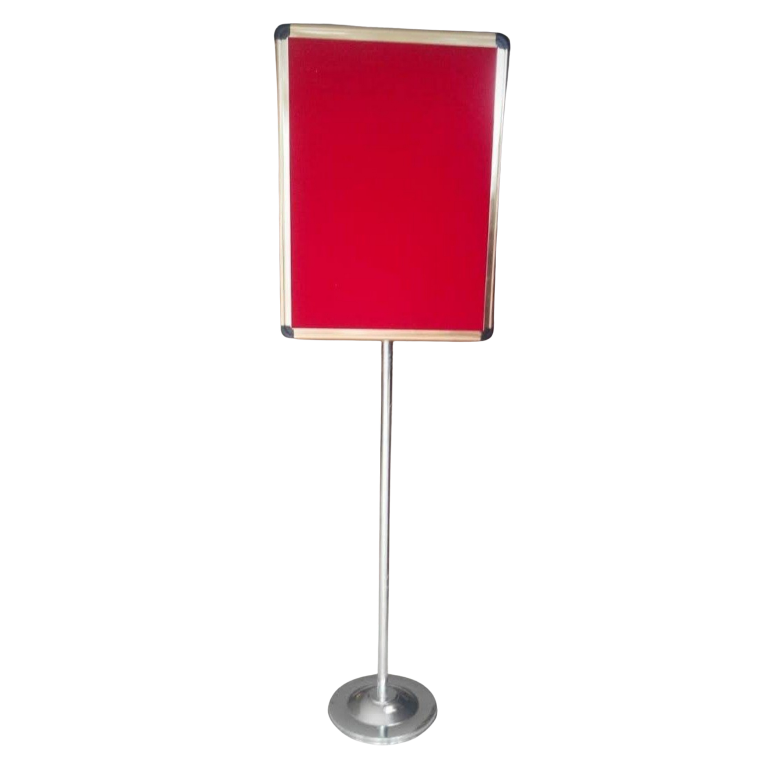 Premium floor standing notice board with a red fabric pinboard surface, aluminum frame, and sturdy round metal base for displaying notices, posters, announcements, and information.
