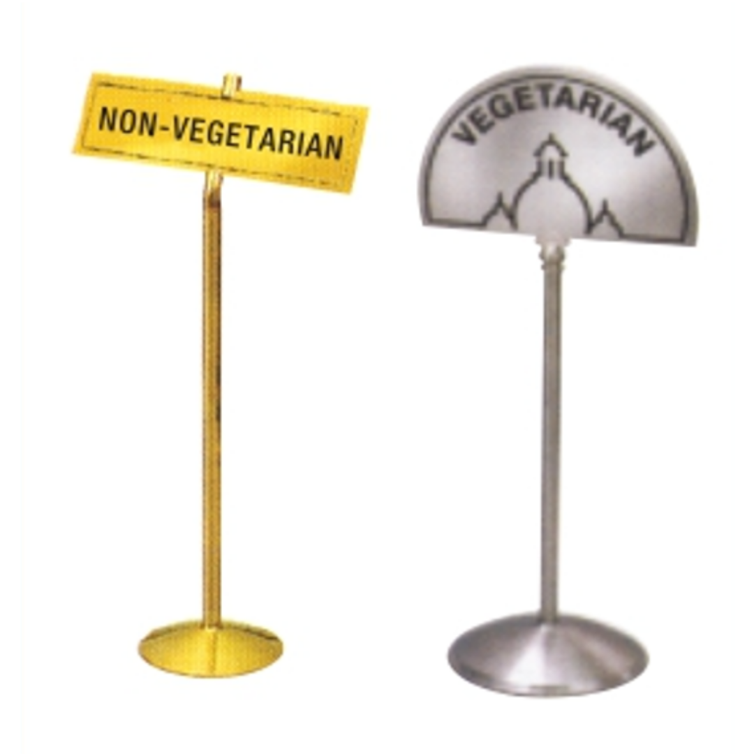 Two freestanding food signs labeled vegetarian and non-vegetarian