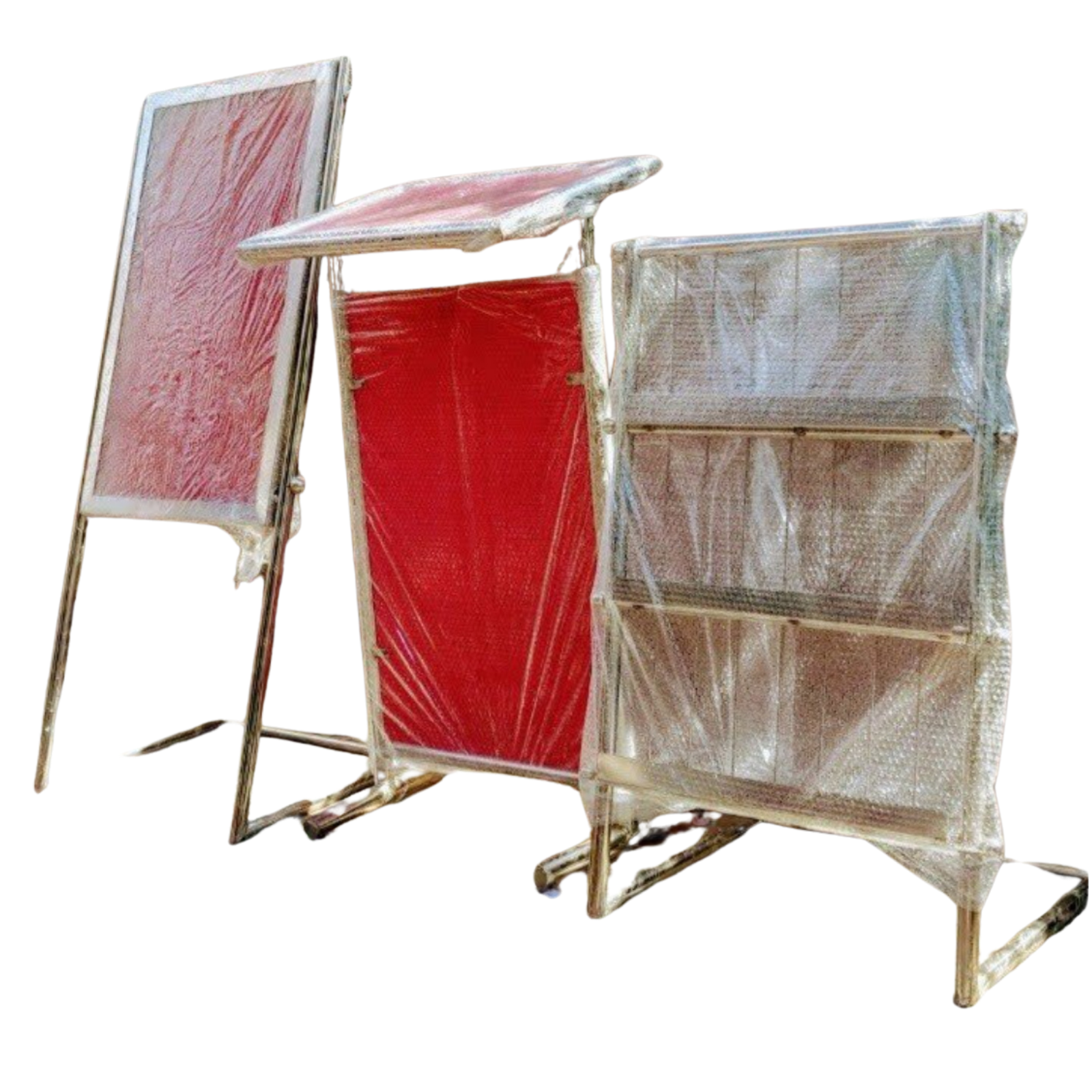 Collection of premium stainless steel display stands including a floor standing notice board, podium, and brochure display rack with red fabric panels for offices, hotels, exhibitions, and commercial spaces.