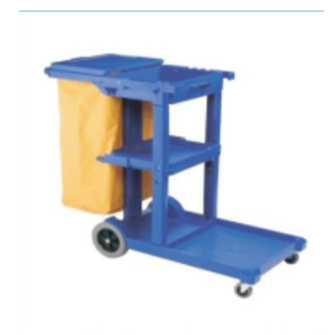Blue commercial waste collection trolley with a yellow waste bag and wheels