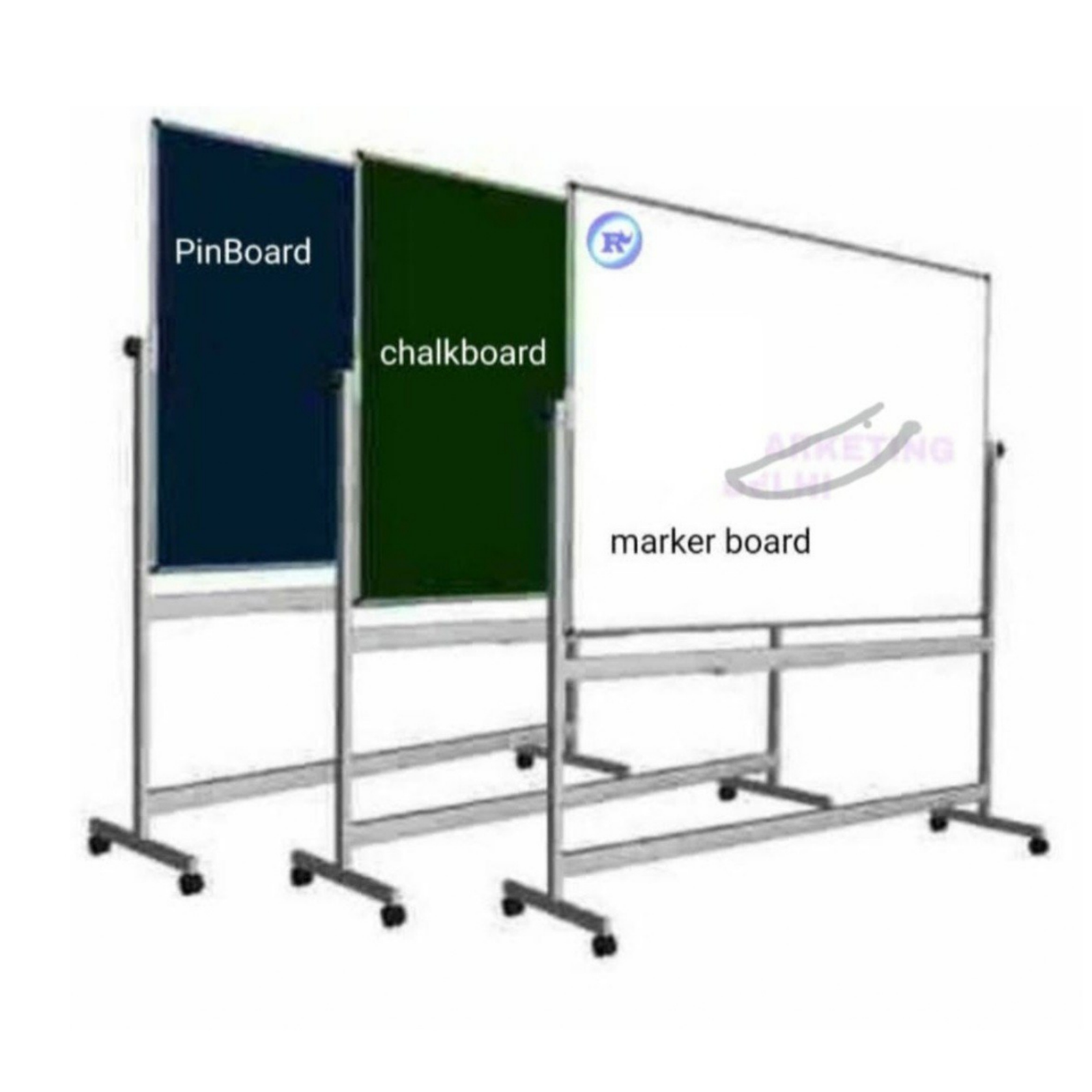 Mobile display stand featuring a blue pinboard, green chalkboard, and white marker board on wheeled frames by Elite Writing & Display