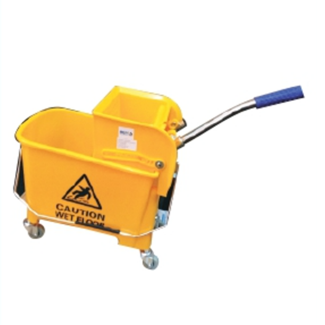 Yellow commercial mop bucket with wringer and wheels