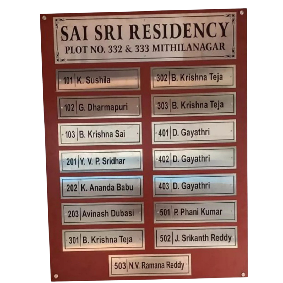 Apartment directory board for Sai Sri Residency, Plot No. 332 and 333, Mithilanagar, listing apartment numbers and resident names.