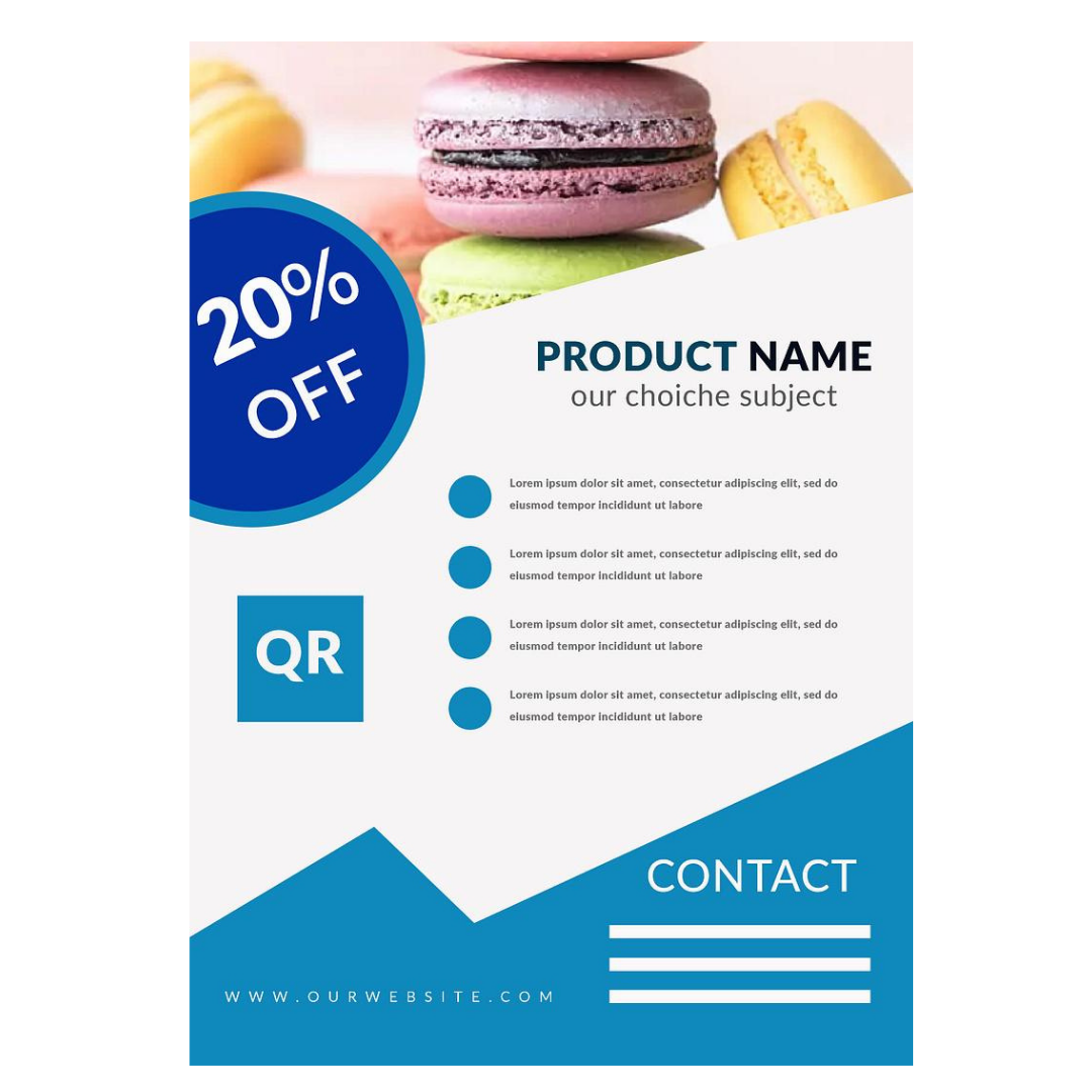 20 percent off macaron product flyer with product name, QR code, and contact details