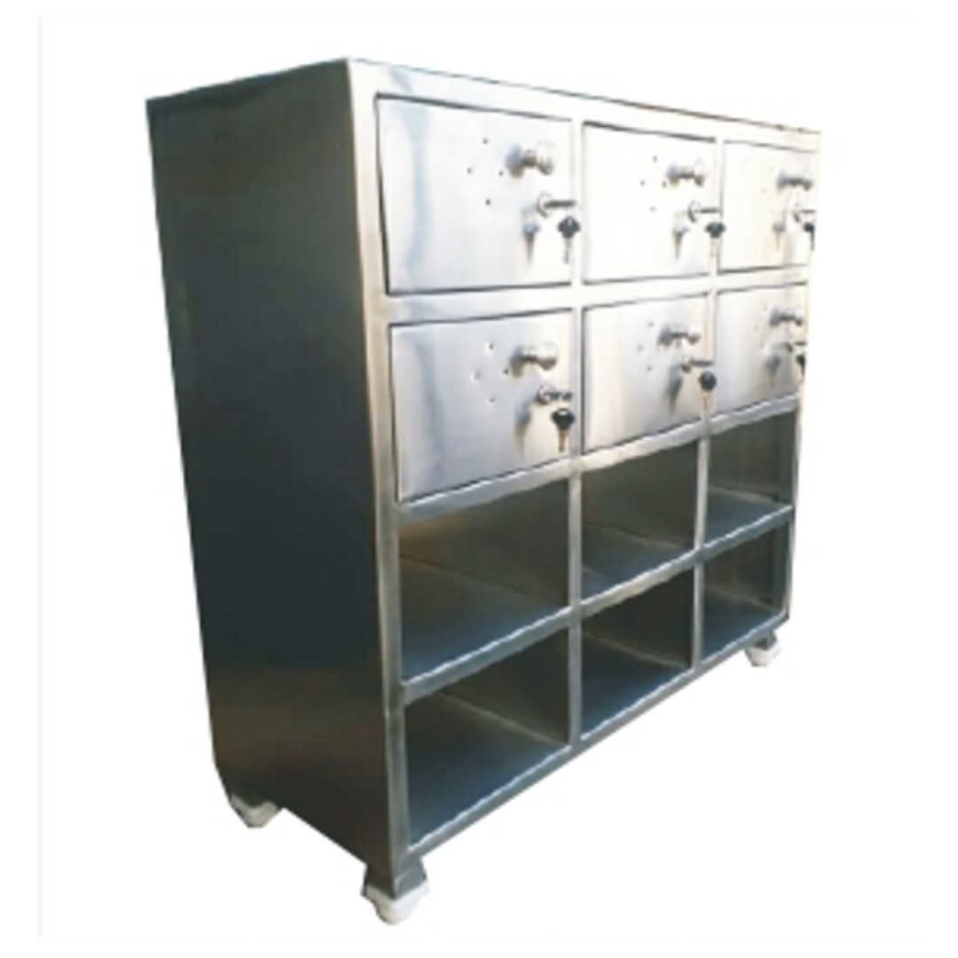Stainless steel locker cabinet with six lockable compartments and open storage shelves