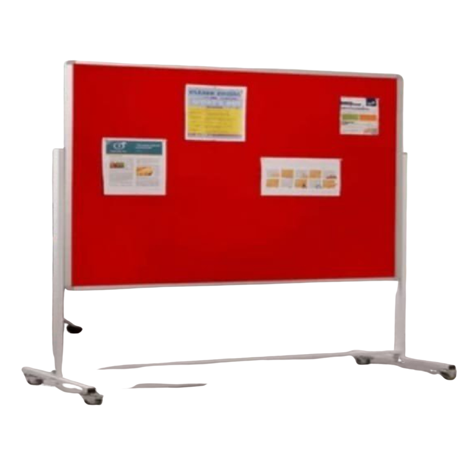 Premium mobile notice board with a red fabric pinboard surface, anodized aluminium frame, sturdy wheeled base, and double-sided display for offices, schools, exhibitions, and institutions.