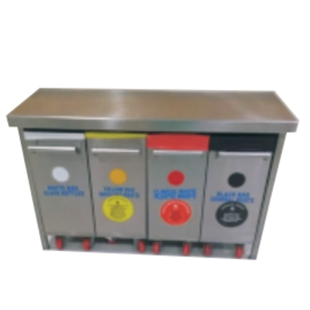 Stainless steel four-compartment waste segregation bin with color-coded disposal sections