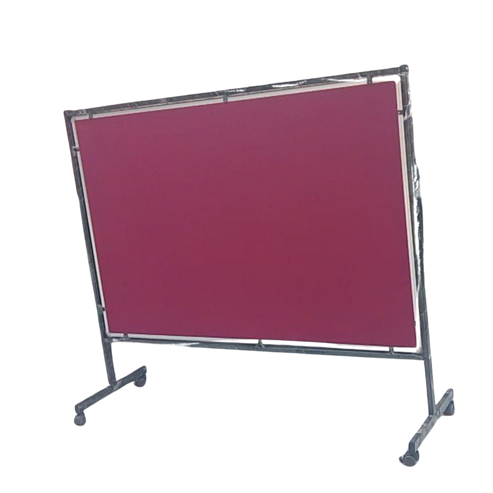 Maroon double-sided mobile fabric notice board with an aluminium frame, sturdy steel stand, and castor wheels for easy movement in offices, schools, and training rooms.