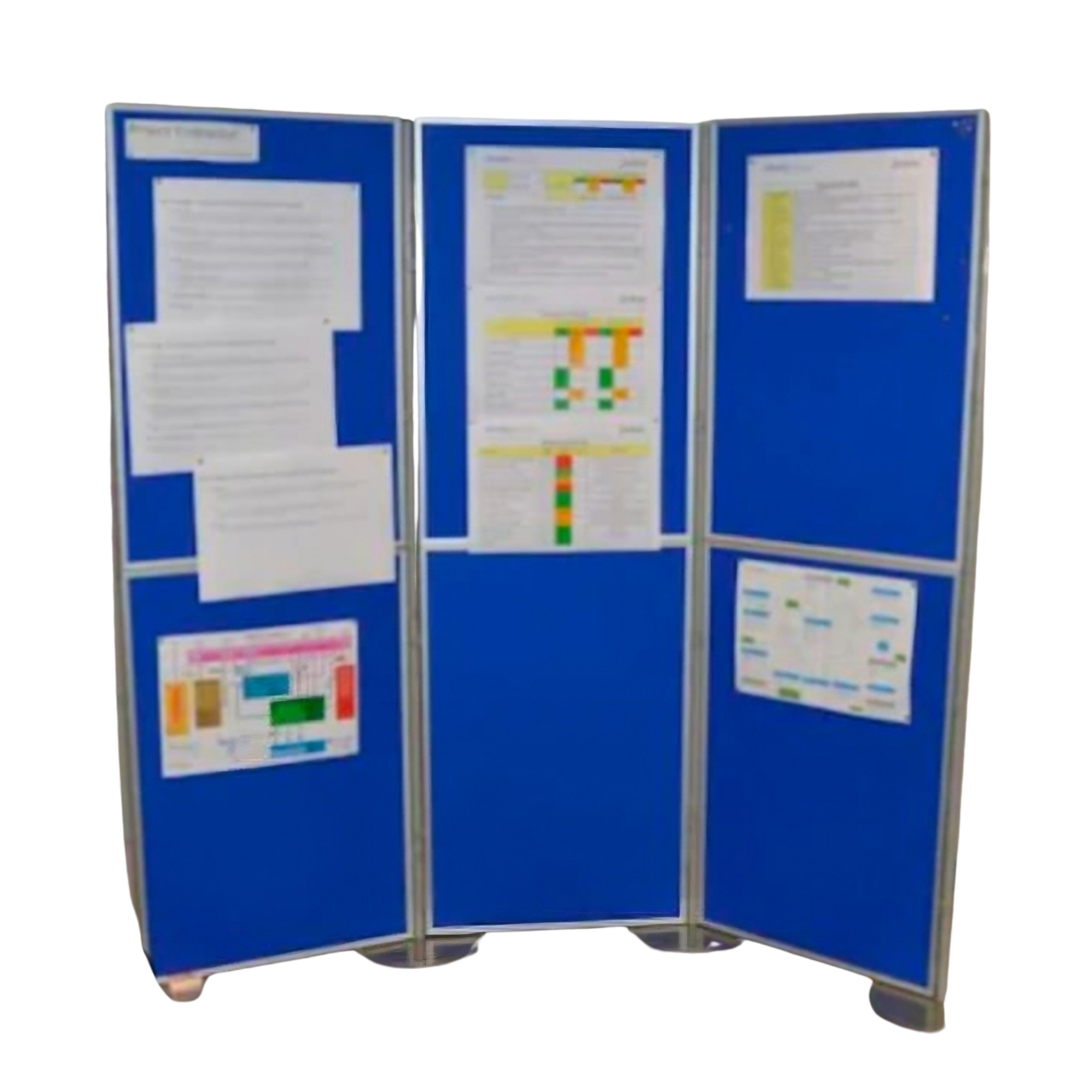 Blue 3-panel folding fabric display board with aluminium frames, ideal for exhibitions, presentations, trade shows, schools, offices, and promotional displays.