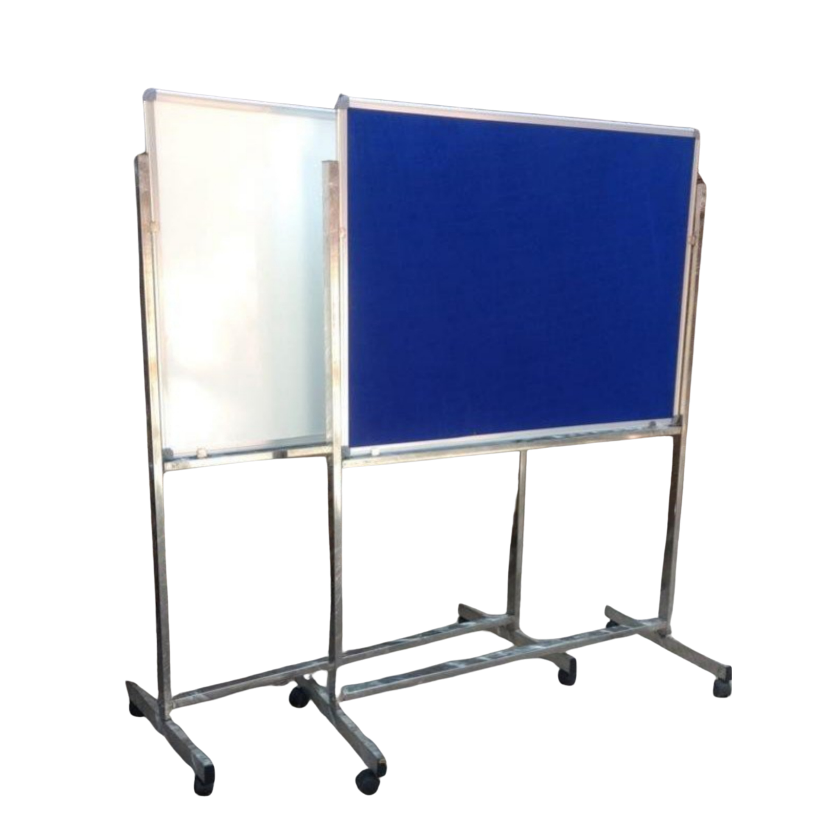 Mobile combination board featuring a magnetic whiteboard on one side and a blue fabric notice board on the other, mounted on a sturdy steel frame with castor wheels.